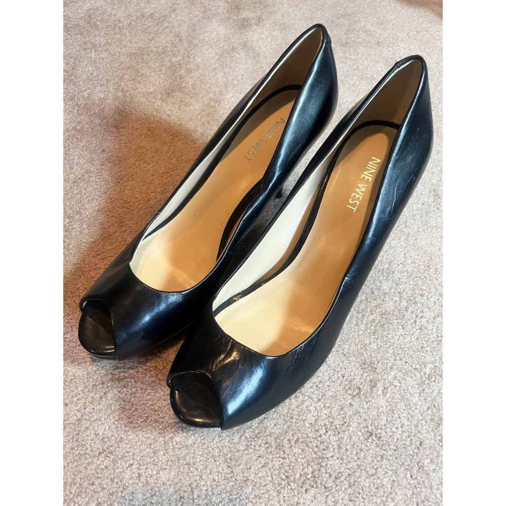 Nine West Kelsyo Black Leather Peep Toe Pumps Heels Size 9M